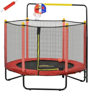 Qaba 4.6' Kids Trampoline With Basketball Hoop, Horizontal Bar, 55" Indoor Net, Small Springfree Gifts for Kids Toys, Ages 3-10