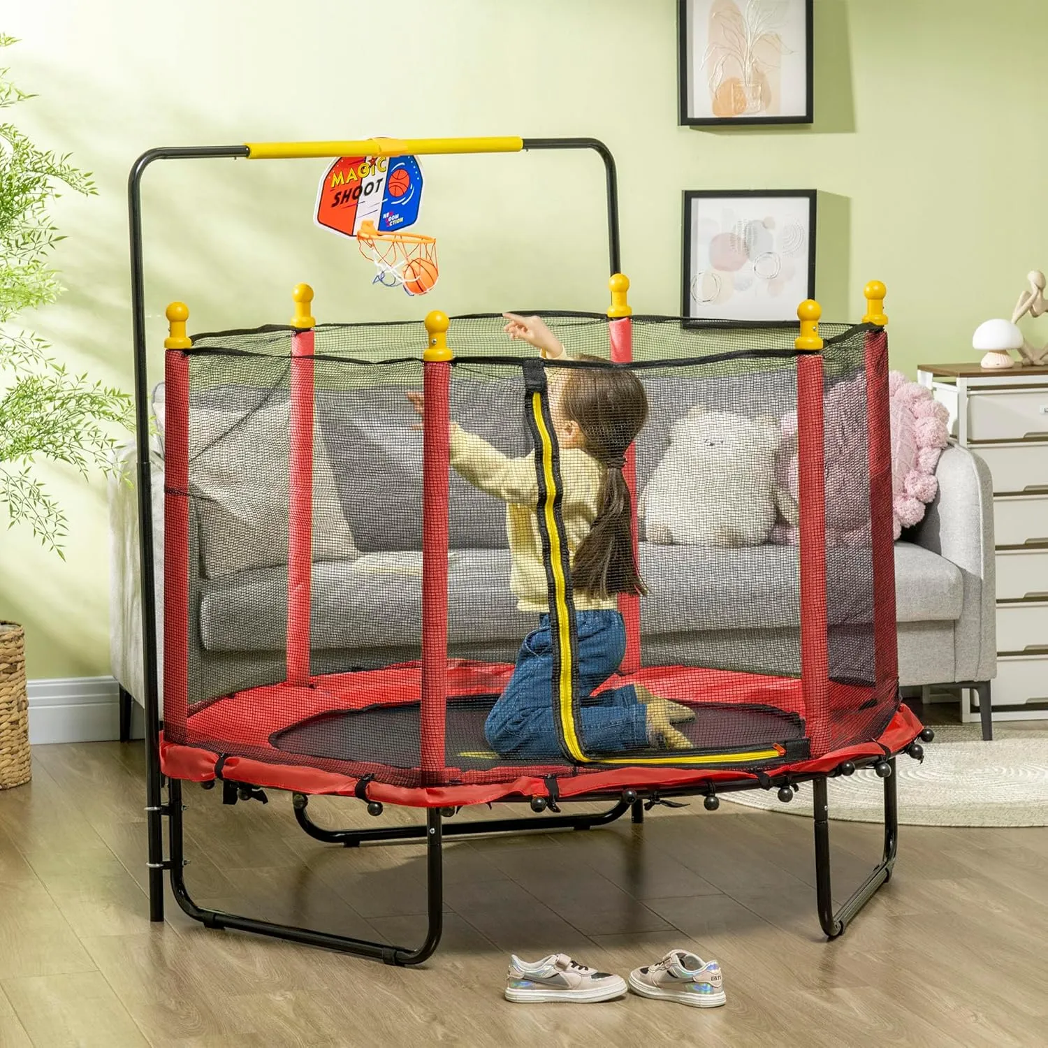 Qaba 4.6' Kids Trampoline With Basketball Hoop, Horizontal Bar, 55" Indoor Net, Small Springfree Gifts for Kids Toys, Ages 3-10