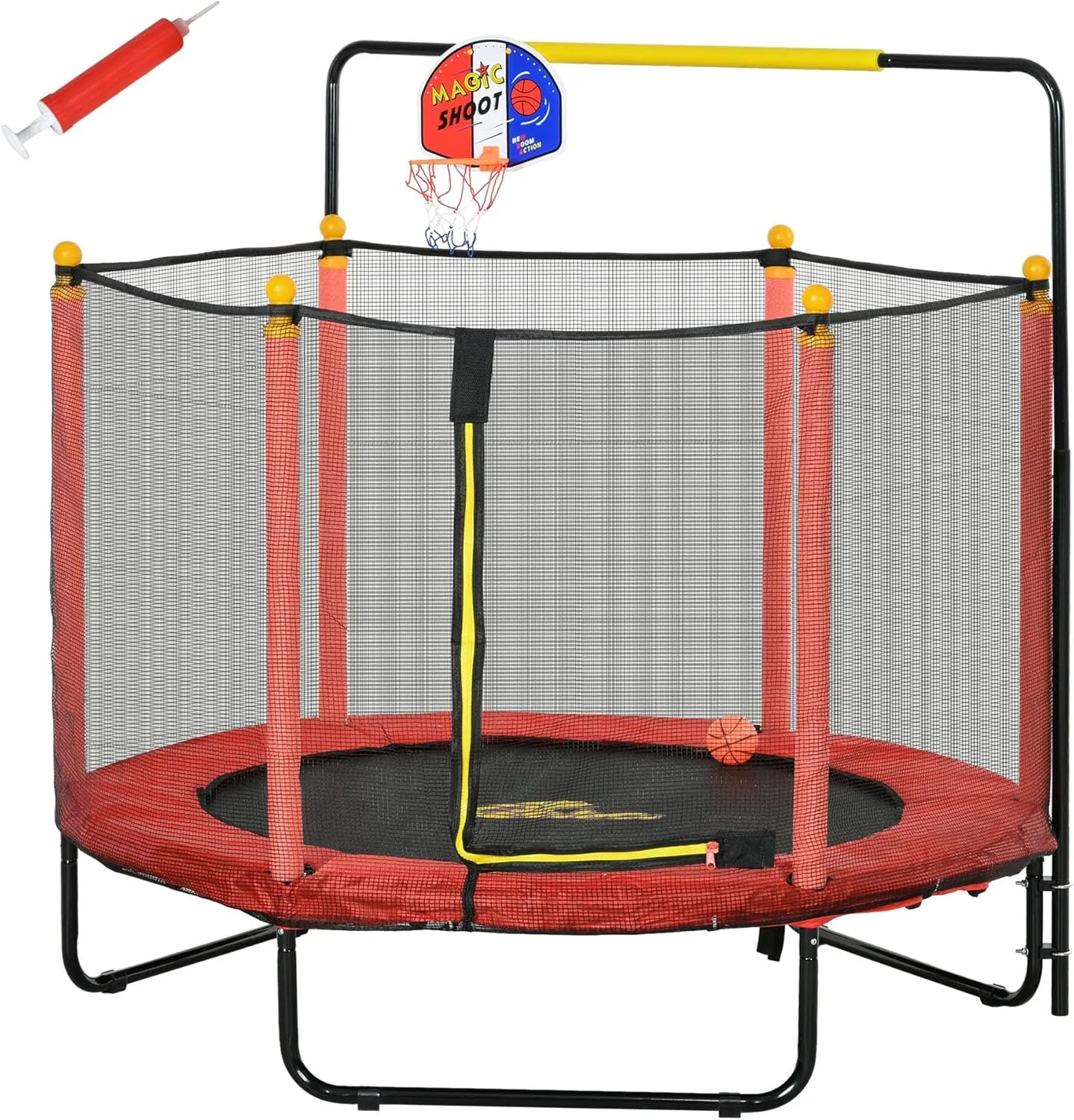 Qaba 4.6' Kids Trampoline With Basketball Hoop, Horizontal Bar, 55" Indoor Net, Small Springfree Gifts for Kids Toys, Ages 3-10