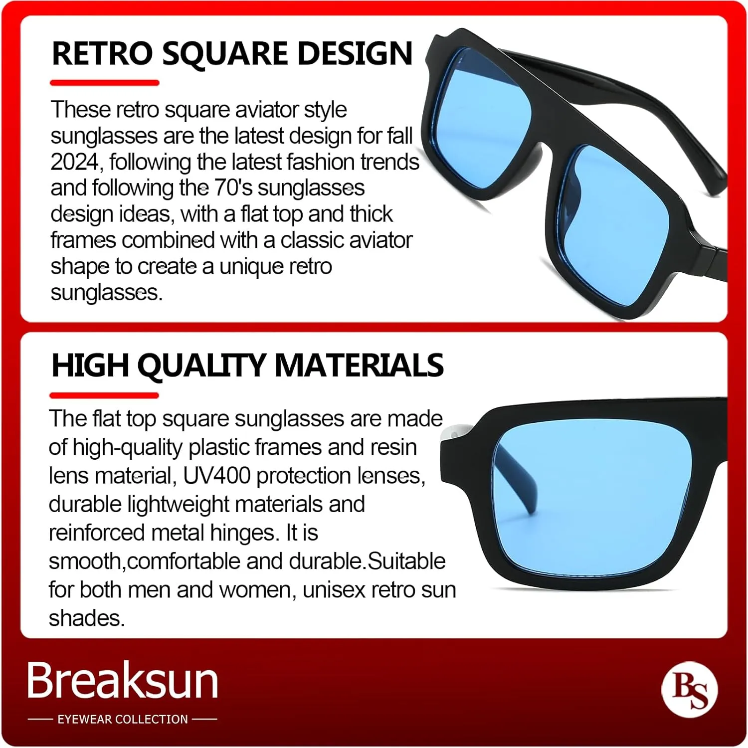 Retro Square Sunglasses for Women Men Trendy Thick Frame Square Aviator Sun Glasses 70s Vintage Shades