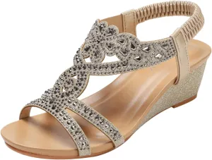 rismart Women's Wedge Sandal Adjustable Elastic Straps Rhinestone Boho Summer Beach Wedding Gladiator Shoes