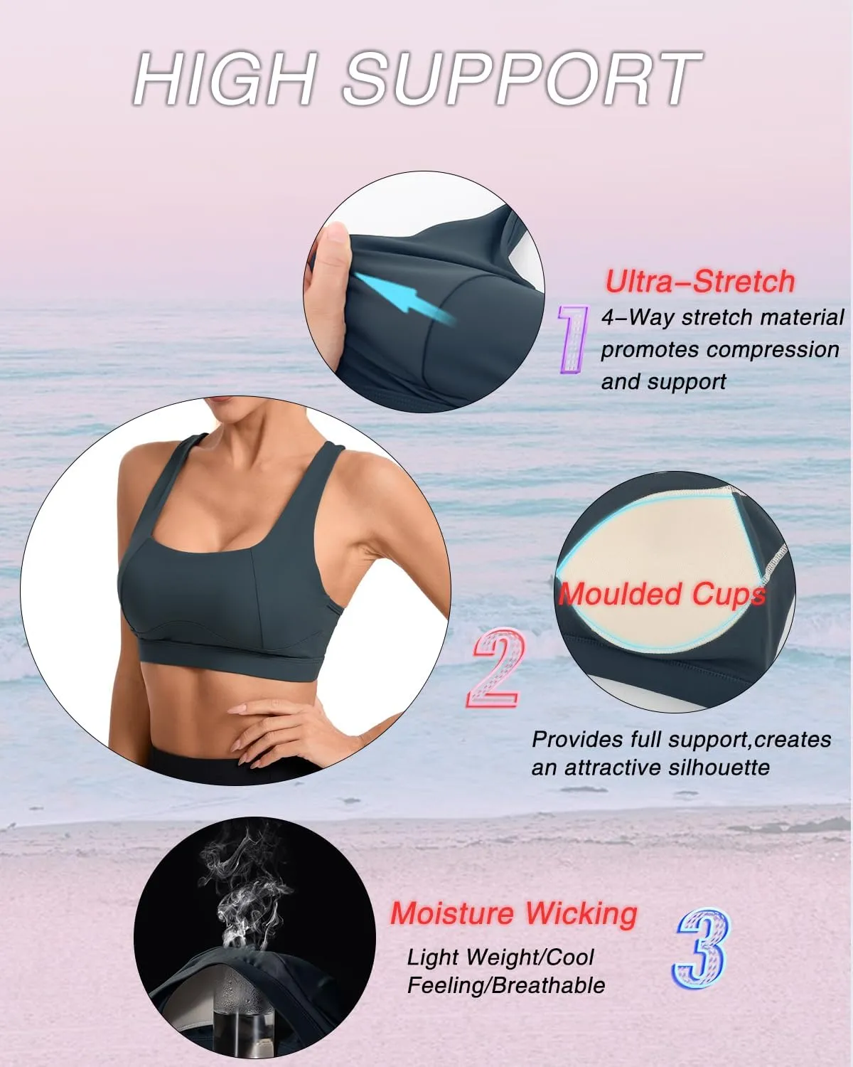 RUNNING GIRL High Impact Sports Bras for Women,Square Neck High Support Bra Moulded Cup Racerback Workout Bra