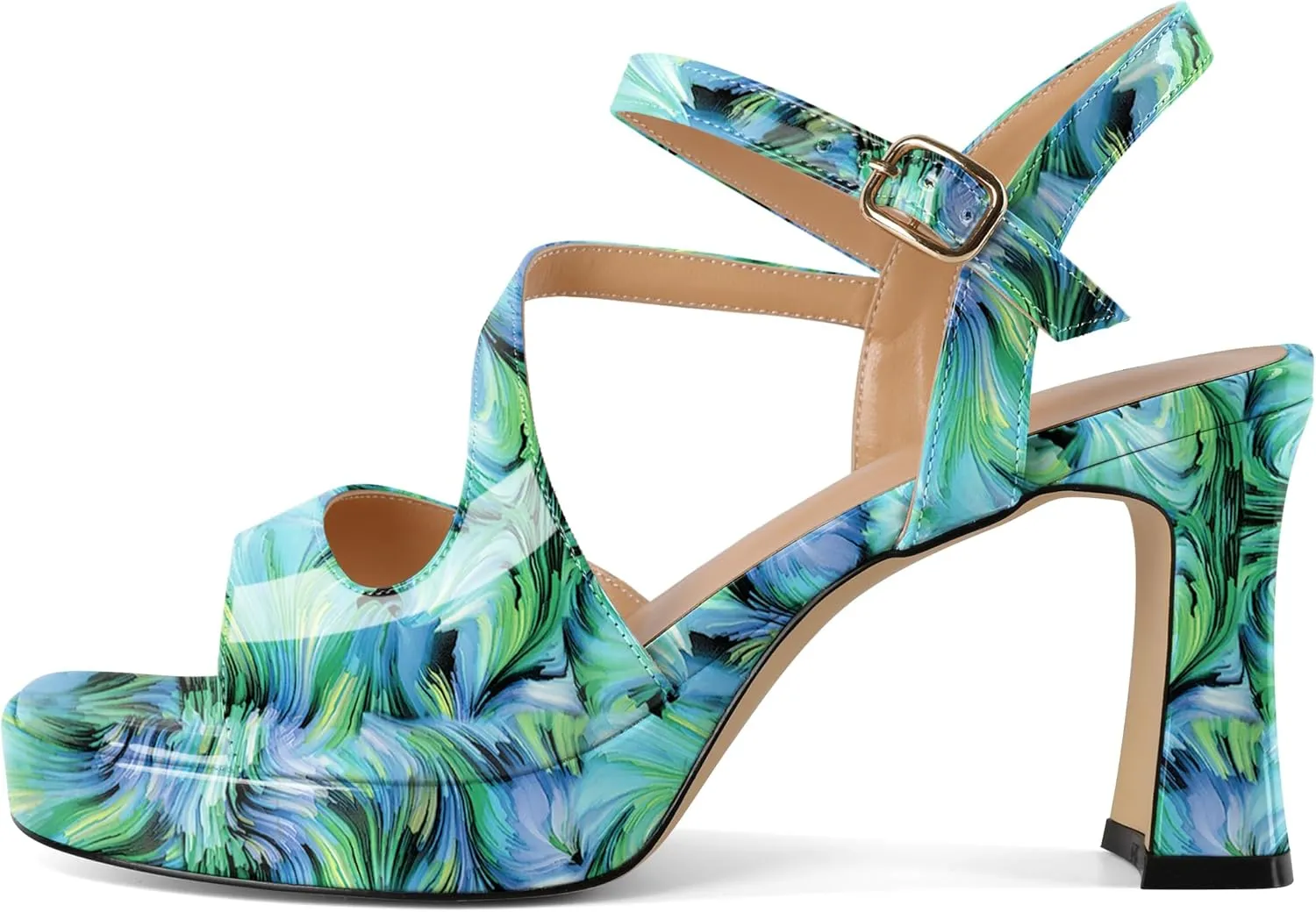 SAMMITOP Platform Heels for Women Open Square Toe Strappy Chunky High Heeled Sandals Slingback Heels Ankle Strap Wedding Party Office Shoes 3.5 Inch