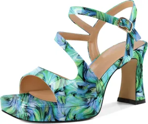SAMMITOP Platform Heels for Women Open Square Toe Strappy Chunky High Heeled Sandals Slingback Heels Ankle Strap Wedding Party Office Shoes 3.5 Inch