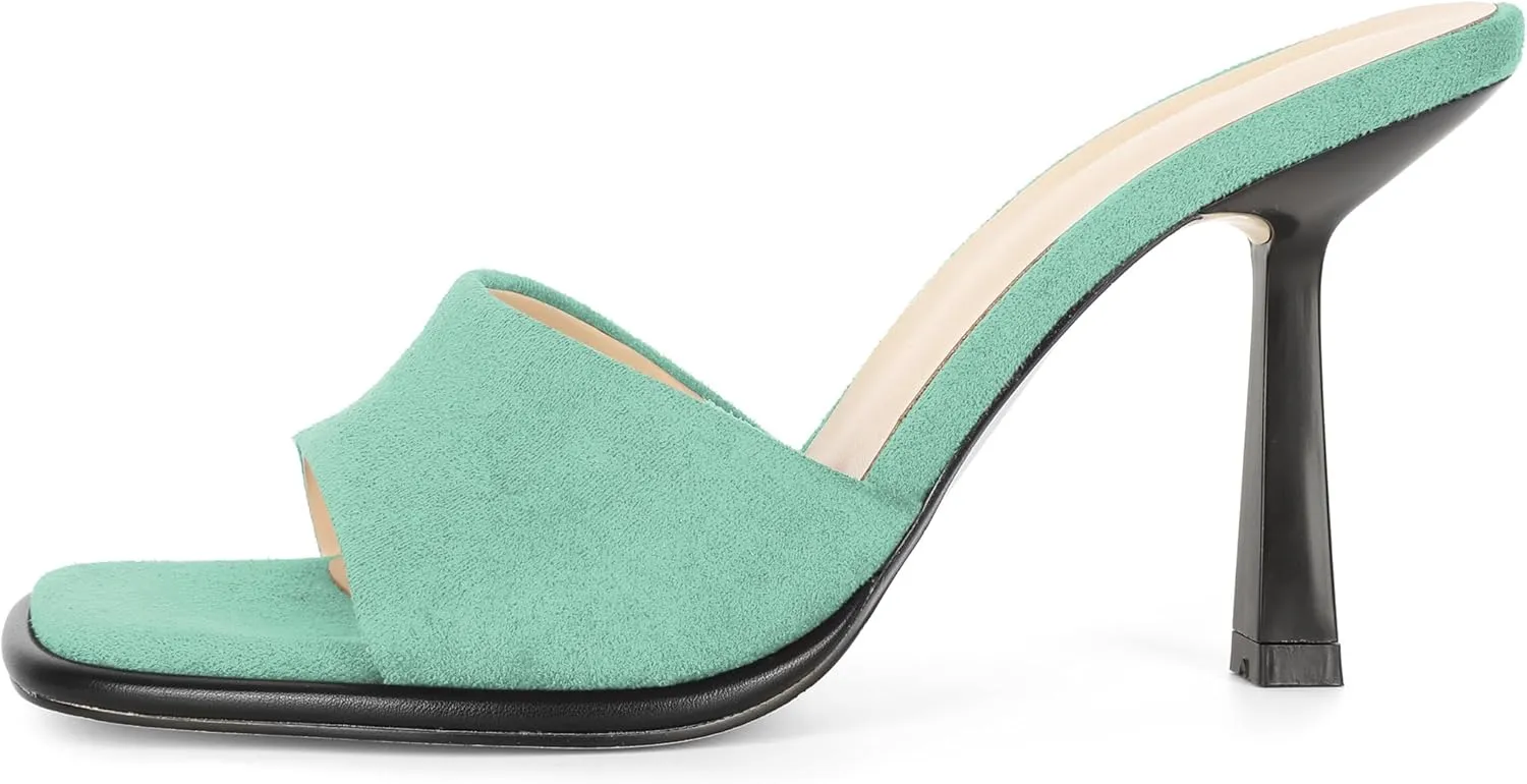 SAMMITOP Women's High Stiletto Heels Sandals Square Open Toe One Band Slip On Mules Slide Comfort Party Dating Daily Vacation Shoes 3.5 Inch