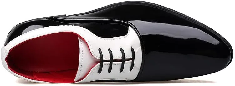 Santimon Men's Contrast Patent Leather Cuban Heel Oxfords Shoes for Wedding Dress Lace-up Shoes