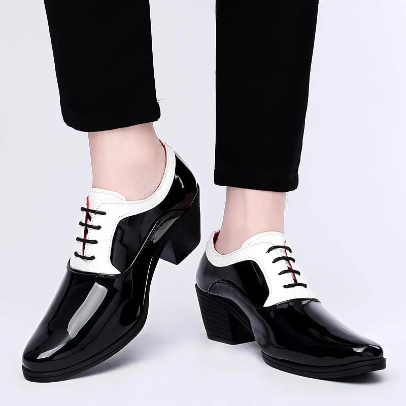 Santimon Men's Contrast Patent Leather Cuban Heel Oxfords Shoes for Wedding Dress Lace-up Shoes