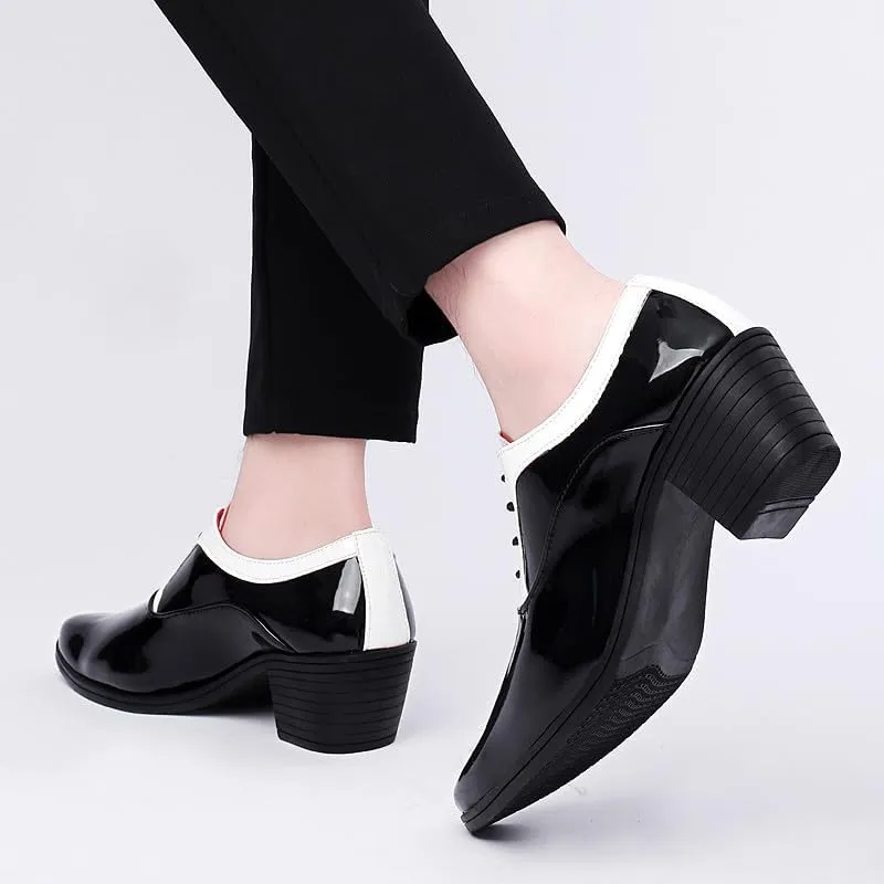 Santimon Men's Contrast Patent Leather Cuban Heel Oxfords Shoes for Wedding Dress Lace-up Shoes