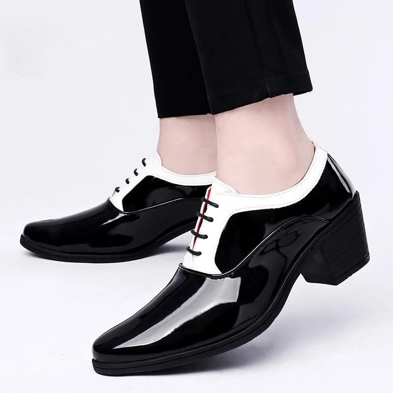Santimon Men's Contrast Patent Leather Cuban Heel Oxfords Shoes for Wedding Dress Lace-up Shoes
