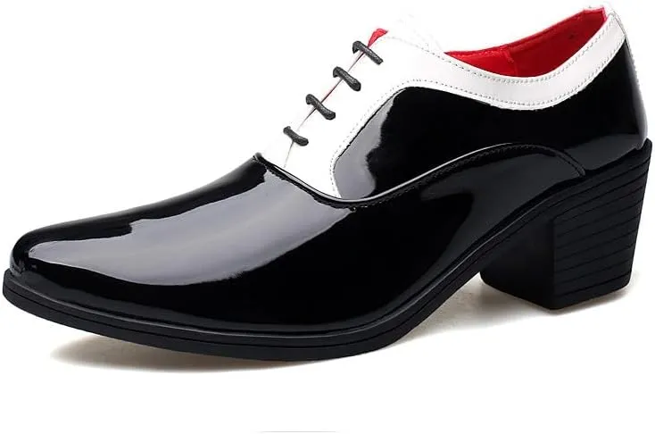 Santimon Men's Contrast Patent Leather Cuban Heel Oxfords Shoes for Wedding Dress Lace-up Shoes