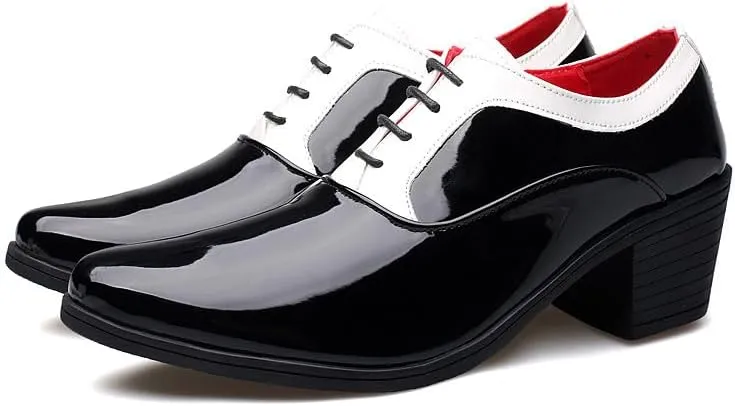 Santimon Men's Contrast Patent Leather Cuban Heel Oxfords Shoes for Wedding Dress Lace-up Shoes
