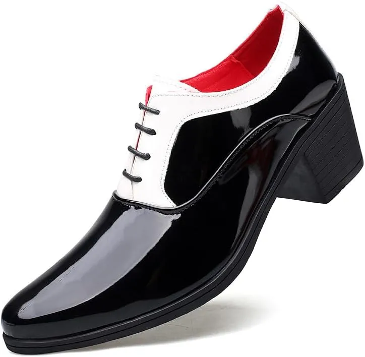 Santimon Men's Contrast Patent Leather Cuban Heel Oxfords Shoes for Wedding Dress Lace-up Shoes