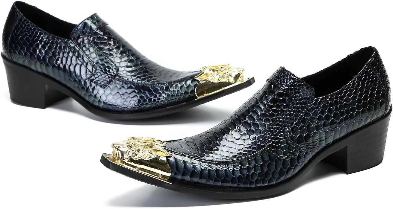 Santimon Men's Loafers Slip On Casual Dress Shoes Metal-Tip Toe Genuine Leather Penny Loafers Fashion Wedding Porm Party Moccasins Disco Singer Tuxedo Shoes for Men