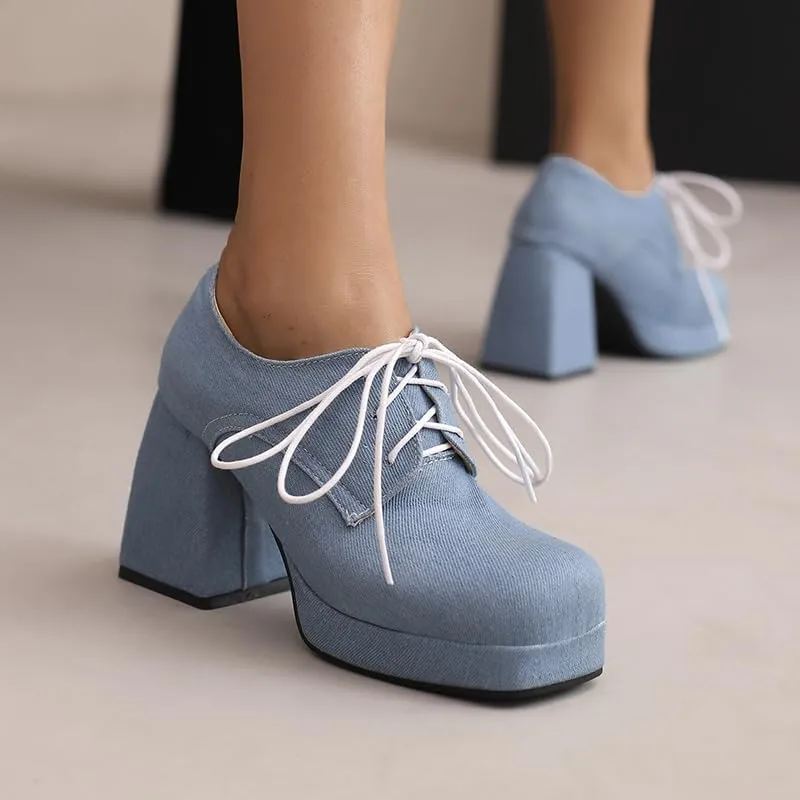 SEIFIN Women's Block High Heel Platform Pumps Square Toe Lace Up Ankle Booties Chunky Wingtip Oxford Dress Shoes