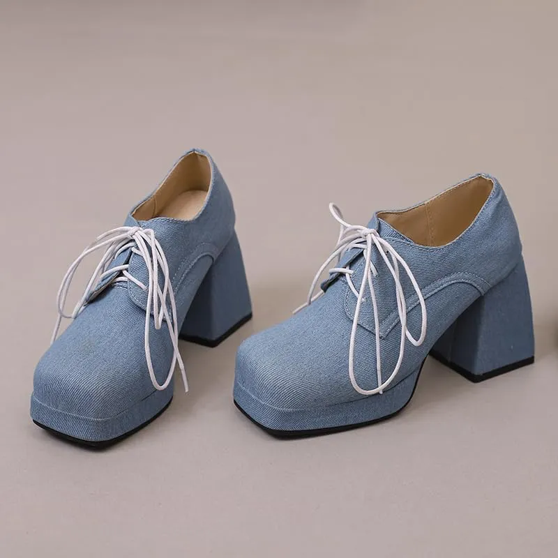 SEIFIN Women's Block High Heel Platform Pumps Square Toe Lace Up Ankle Booties Chunky Wingtip Oxford Dress Shoes