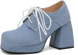 SEIFIN Women's Block High Heel Platform Pumps Square Toe Lace Up Ankle Booties Chunky Wingtip Oxford Dress Shoes