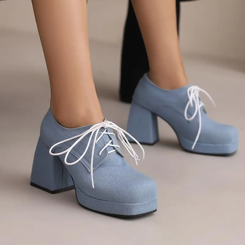SEIFIN Women's Block High Heel Platform Pumps Square Toe Lace Up Ankle Booties Chunky Wingtip Oxford Dress Shoes