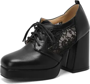 SEIFIN Women's Block High Heel Platform Pumps Square Toe Lace Up Ankle Booties Chunky Wingtip Oxford Dress Shoes