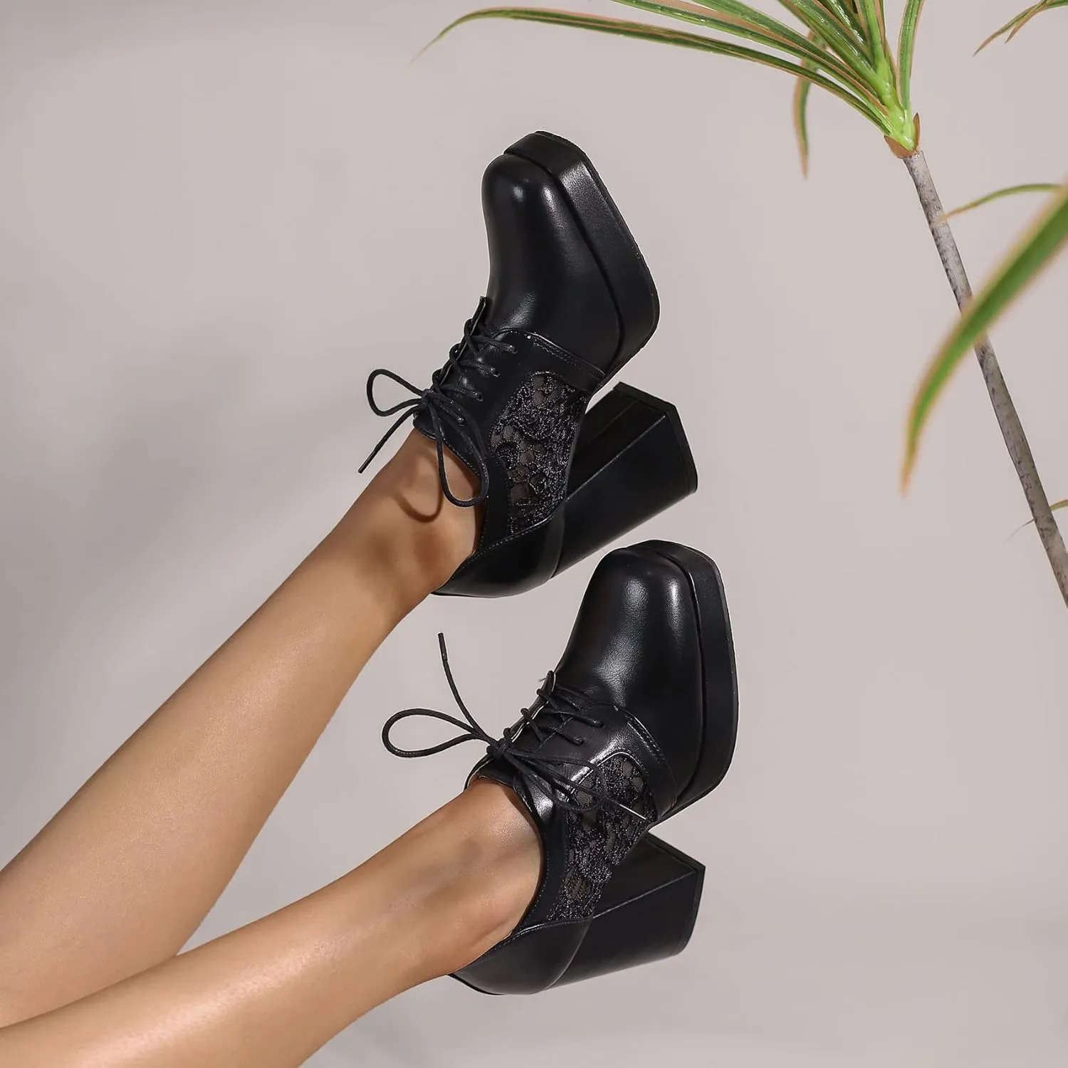 SEIFIN Women's Block High Heel Platform Pumps Square Toe Lace Up Ankle Booties Chunky Wingtip Oxford Dress Shoes
