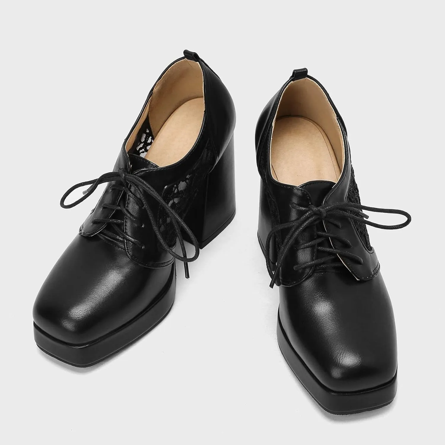 SEIFIN Women's Block High Heel Platform Pumps Square Toe Lace Up Ankle Booties Chunky Wingtip Oxford Dress Shoes