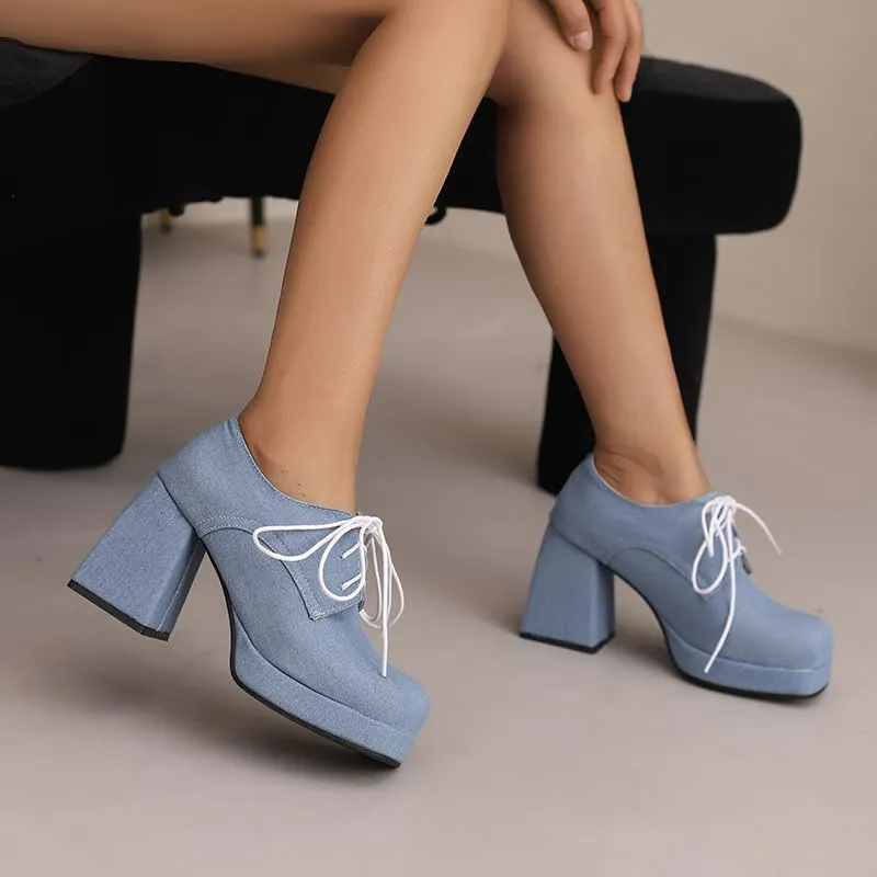SEIFIN Women's Block High Heel Platform Pumps Square Toe Lace Up Ankle Booties Chunky Wingtip Oxford Dress Shoes