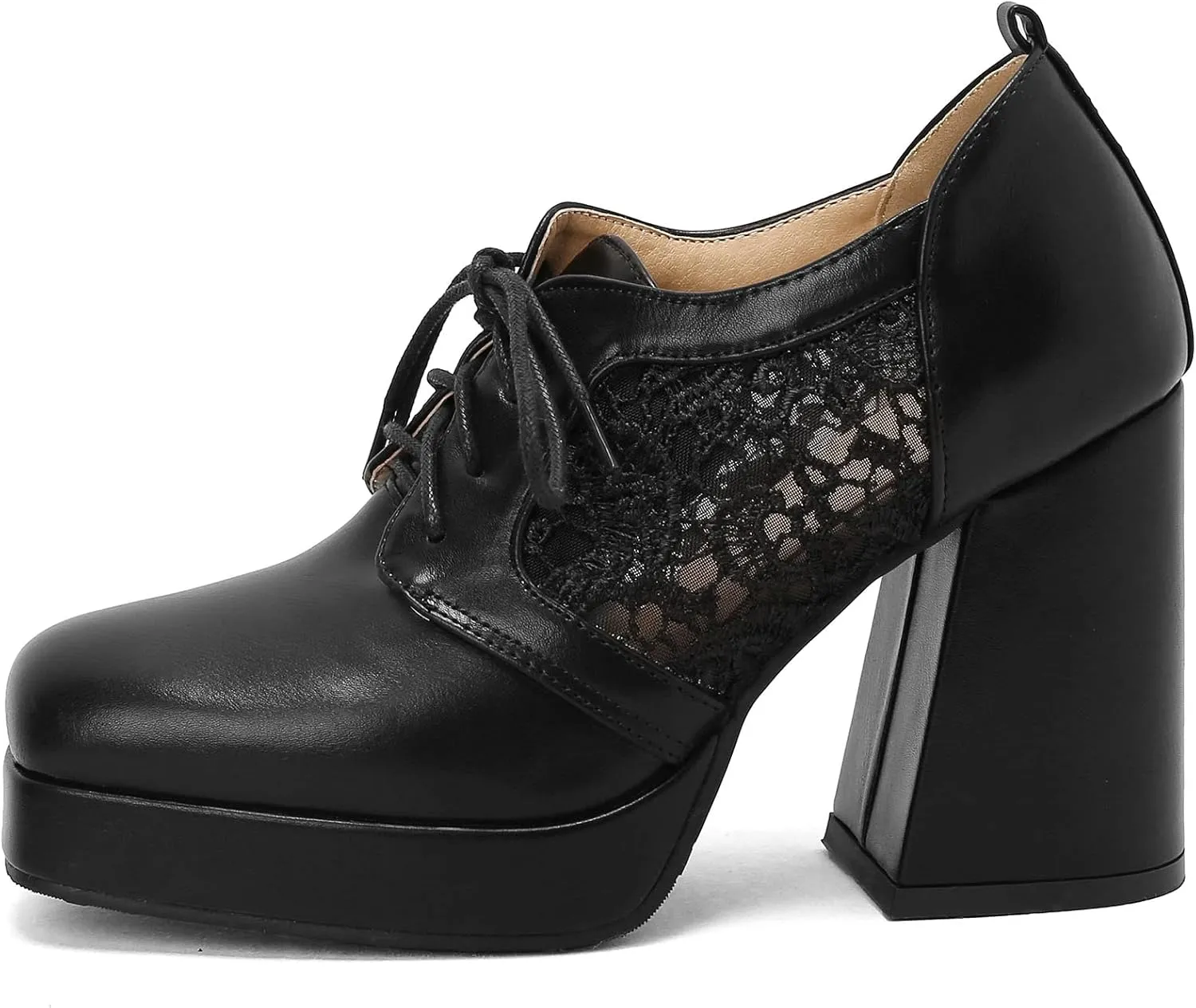 SEIFIN Women's Block High Heel Platform Pumps Square Toe Lace Up Ankle Booties Chunky Wingtip Oxford Dress Shoes