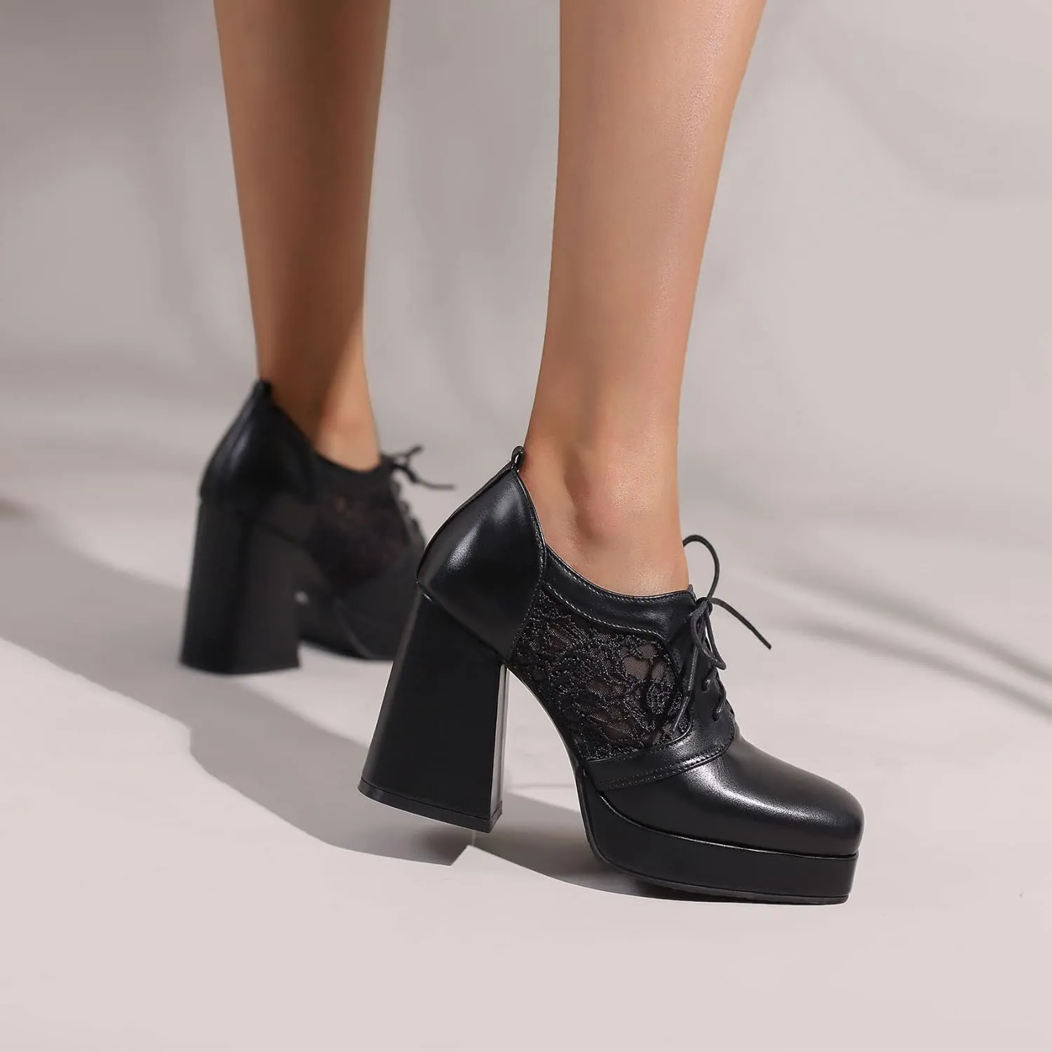 SEIFIN Women's Block High Heel Platform Pumps Square Toe Lace Up Ankle Booties Chunky Wingtip Oxford Dress Shoes