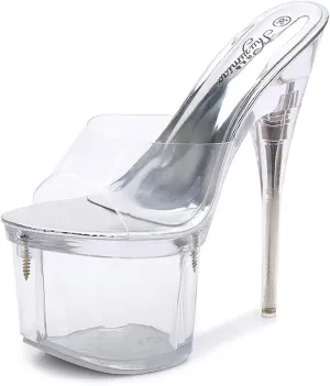 Sexy Transparent Platform Stiletto High Heels for Women Clear Crystal Heel Peep Toe Sandals Slide On Heeled Mule Shoes Catwalk Pole Dancing Nightclub Dress Shoes,White,5.5