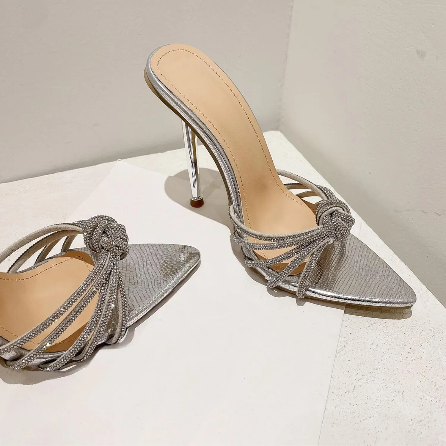 SHEMEE Sparkly Rhinestones Heels for Women Pointy Stiletto High Heels Sandals Chic Knot Slide Mules Wedding Dress Shoes