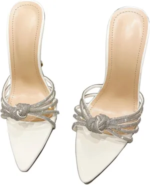 SHEMEE Sparkly Rhinestones Heels for Women Pointy Stiletto High Heels Sandals Chic Knot Slide Mules Wedding Dress Shoes