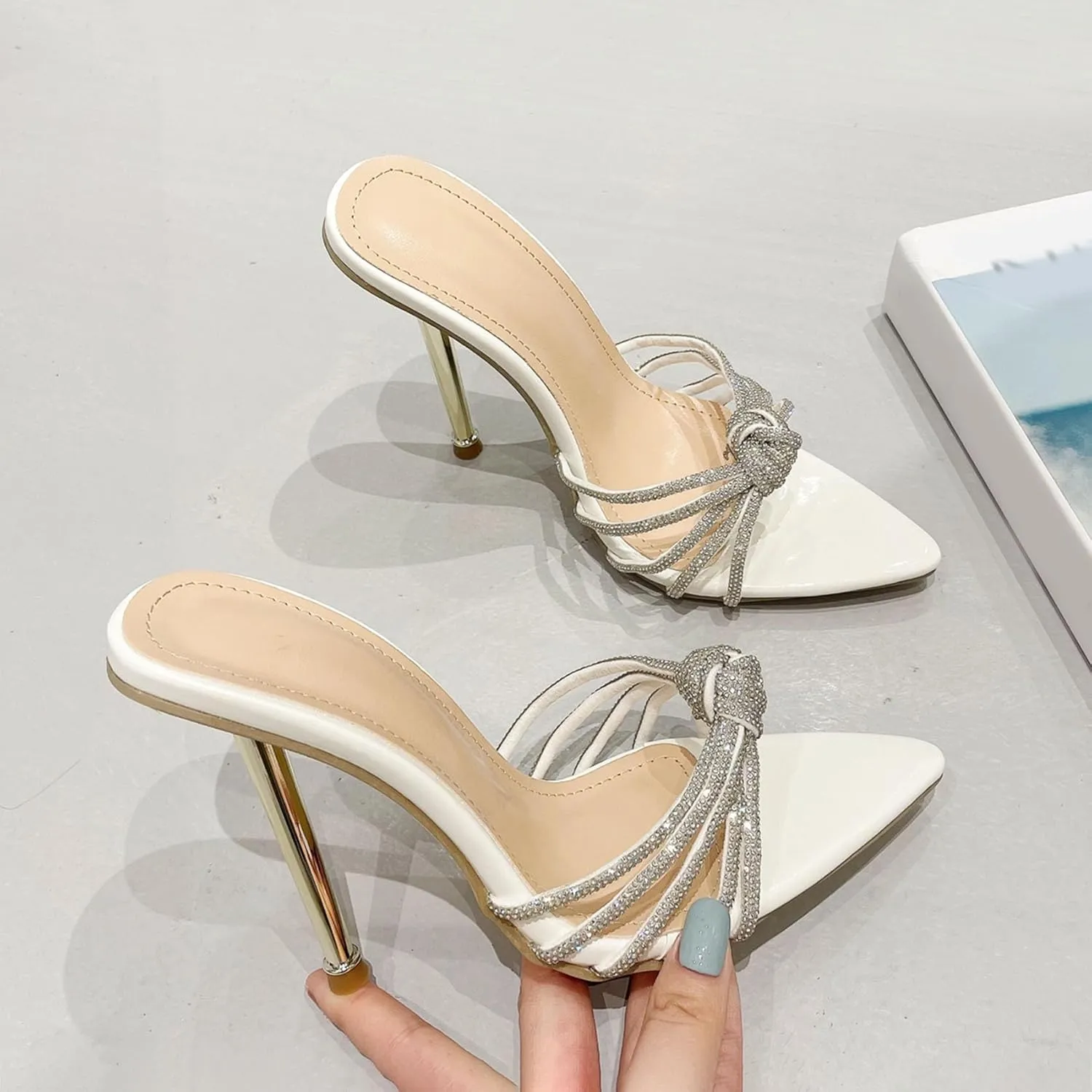 SHEMEE Sparkly Rhinestones Heels for Women Pointy Stiletto High Heels Sandals Chic Knot Slide Mules Wedding Dress Shoes