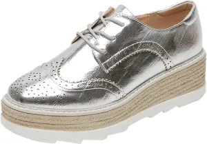 SHEMEE Women's Platform Heels Wedge Lace Up Oxfords Pumps Retro Wingtip High Heels Round Toe British Style Brogues Leisure Sneaker Shoes