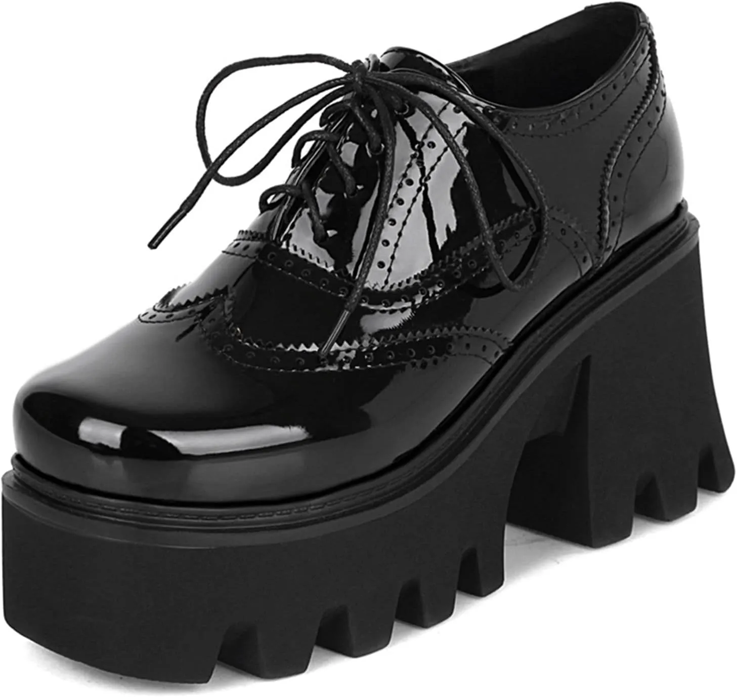SHEMEE Women's Vintage Wingtip Oxfords Pumps Chunky Platform Block High Heel Round Toe Lace Up Gothic Brogue Shoes