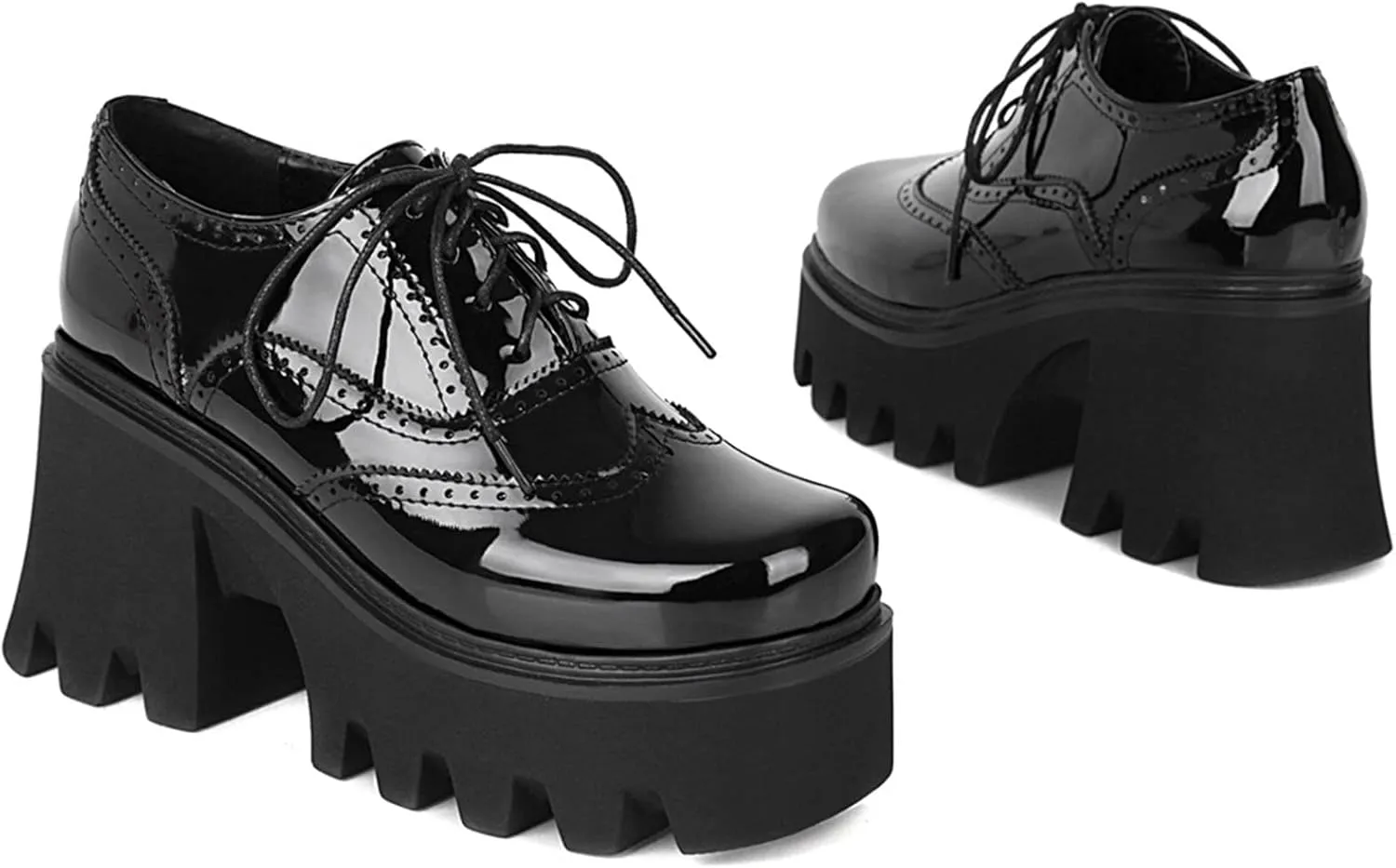 SHEMEE Women's Vintage Wingtip Oxfords Pumps Chunky Platform Block High Heel Round Toe Lace Up Gothic Brogue Shoes