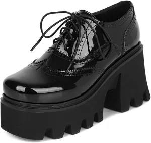 SHEMEE Women's Vintage Wingtip Oxfords Pumps Chunky Platform Block High Heel Round Toe Lace Up Gothic Brogue Shoes