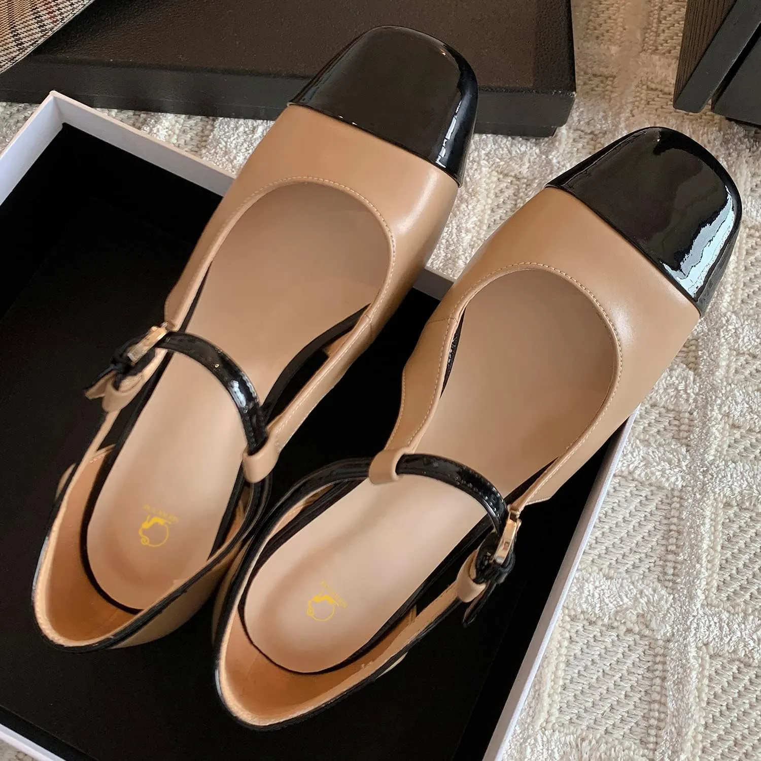SHODENSE Women Low Chunky Heel Mary Jane Pumps Square Cap Toe Ankle Strap Dress Pumps Cut Out 2 Inch Mid Block Heels Sandal Booties Two Tone Patchwork Buckled Office Wedding Party 4-11 M US
