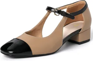 SHODENSE Women Low Chunky Heel Mary Jane Pumps Square Cap Toe Ankle Strap Dress Pumps Cut Out 2 Inch Mid Block Heels Sandal Booties Two Tone Patchwork Buckled Office Wedding Party 4-11 M US