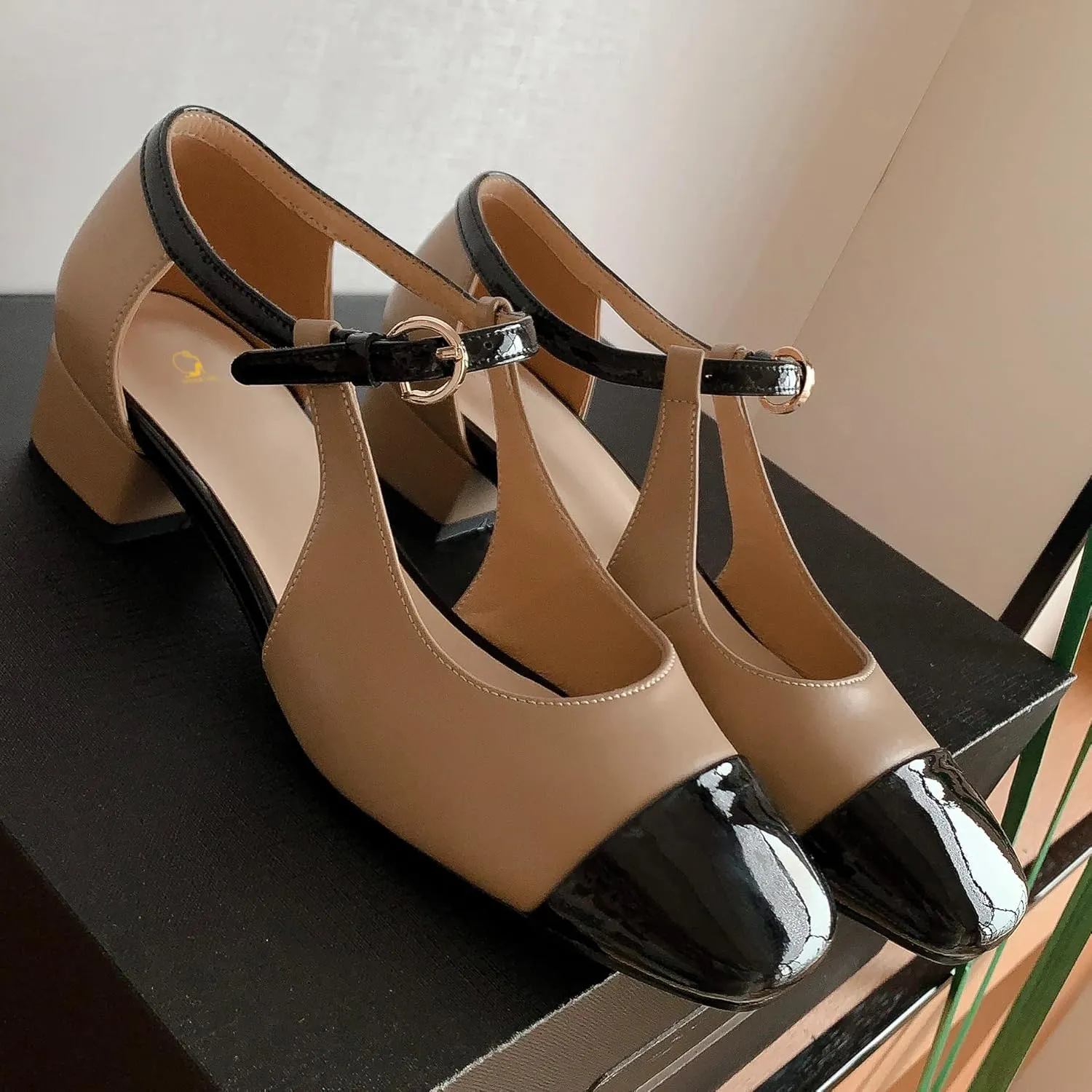 SHODENSE Women Low Chunky Heel Mary Jane Pumps Square Cap Toe Ankle Strap Dress Pumps Cut Out 2 Inch Mid Block Heels Sandal Booties Two Tone Patchwork Buckled Office Wedding Party 4-11 M US