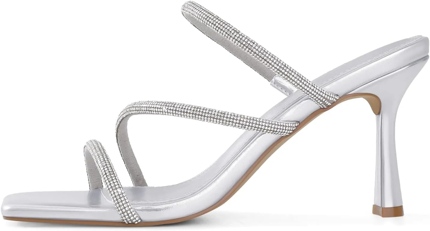 Shoe'N Tale Strappy Kitten Heels For Women Stiletto Mules Square Open Toe Slip On Sandals