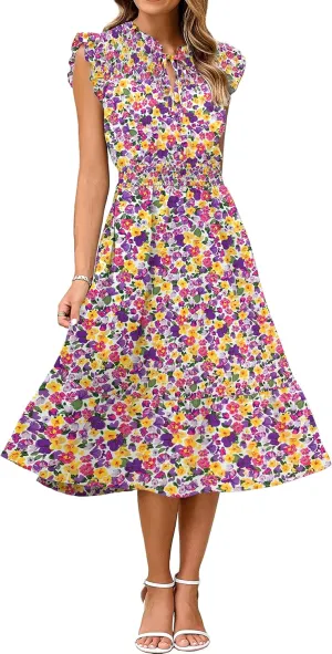 Simplee Womens Summer Floral Midi Dress V Neck Ruffle Short Sleeve Flowy Dress Drawstring Boho Casual Beach Long Dresses