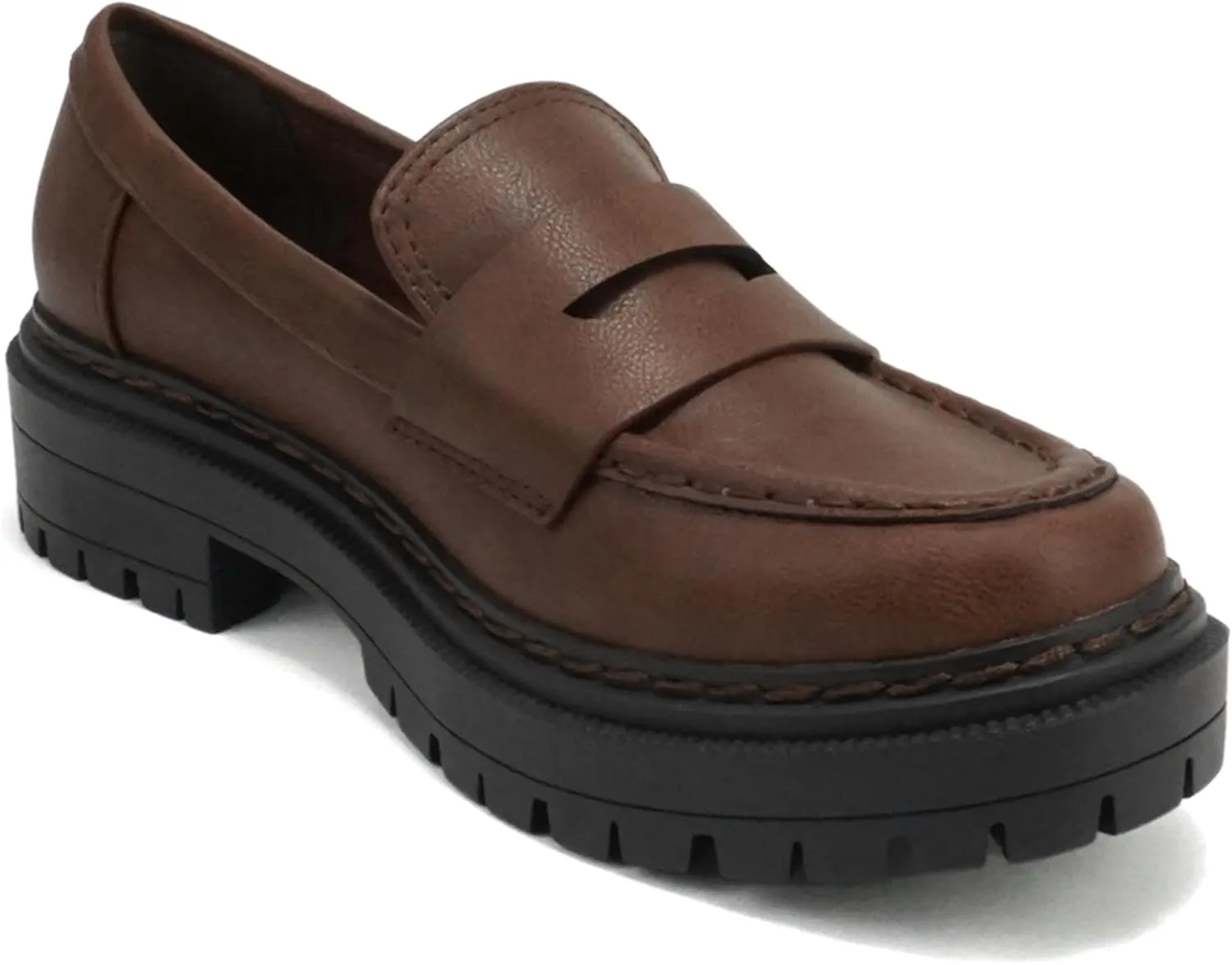 Soda “Eureka” ~ Women Slip On Platform Penny Loafer Lug Sole with Stitched Detail