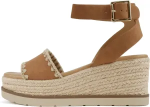 Soda “Laguna” ~ Women Square Toe Stitched Single Band Low Heel Espadrille Wedge Sandal with Adjustable Ankle Strap