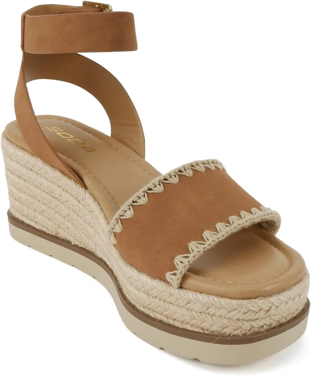 Soda “Laguna” ~ Women Square Toe Stitched Single Band Low Heel Espadrille Wedge Sandal with Adjustable Ankle Strap