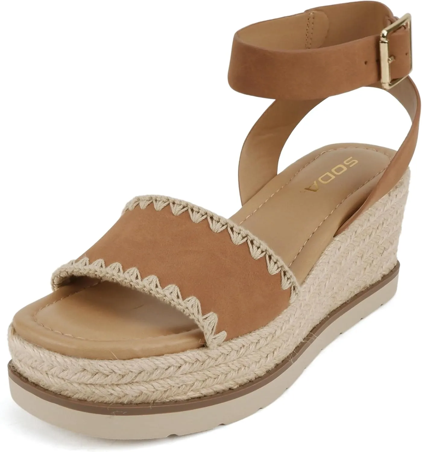 Soda “Laguna” ~ Women Square Toe Stitched Single Band Low Heel Espadrille Wedge Sandal with Adjustable Ankle Strap