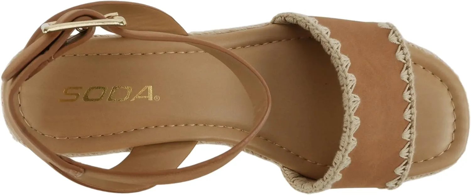 Soda “Laguna” ~ Women Square Toe Stitched Single Band Low Heel Espadrille Wedge Sandal with Adjustable Ankle Strap