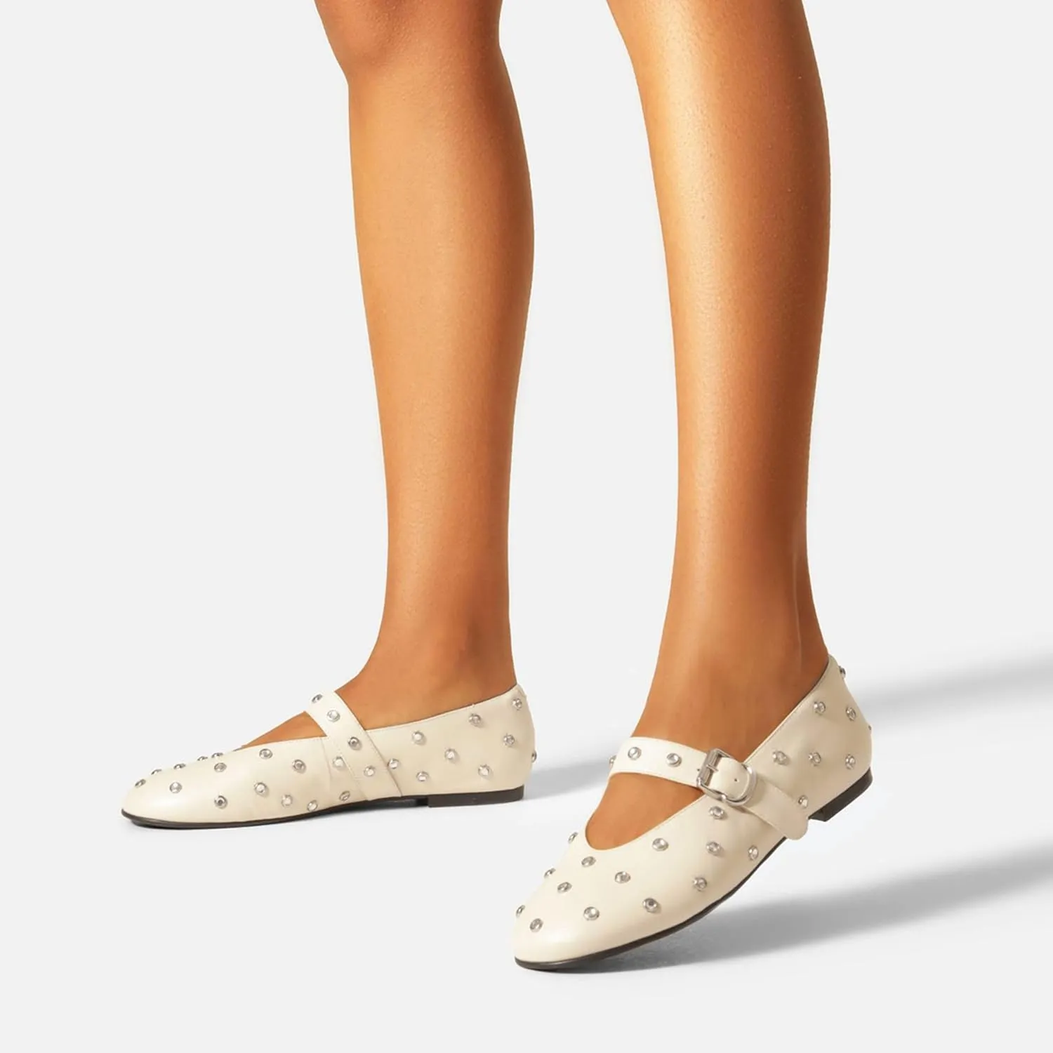 Studded Flats for Women Round Toe Rhinestone Ballet Shoes Mary Jane Style with Buckle Comfortable and Fashionable
