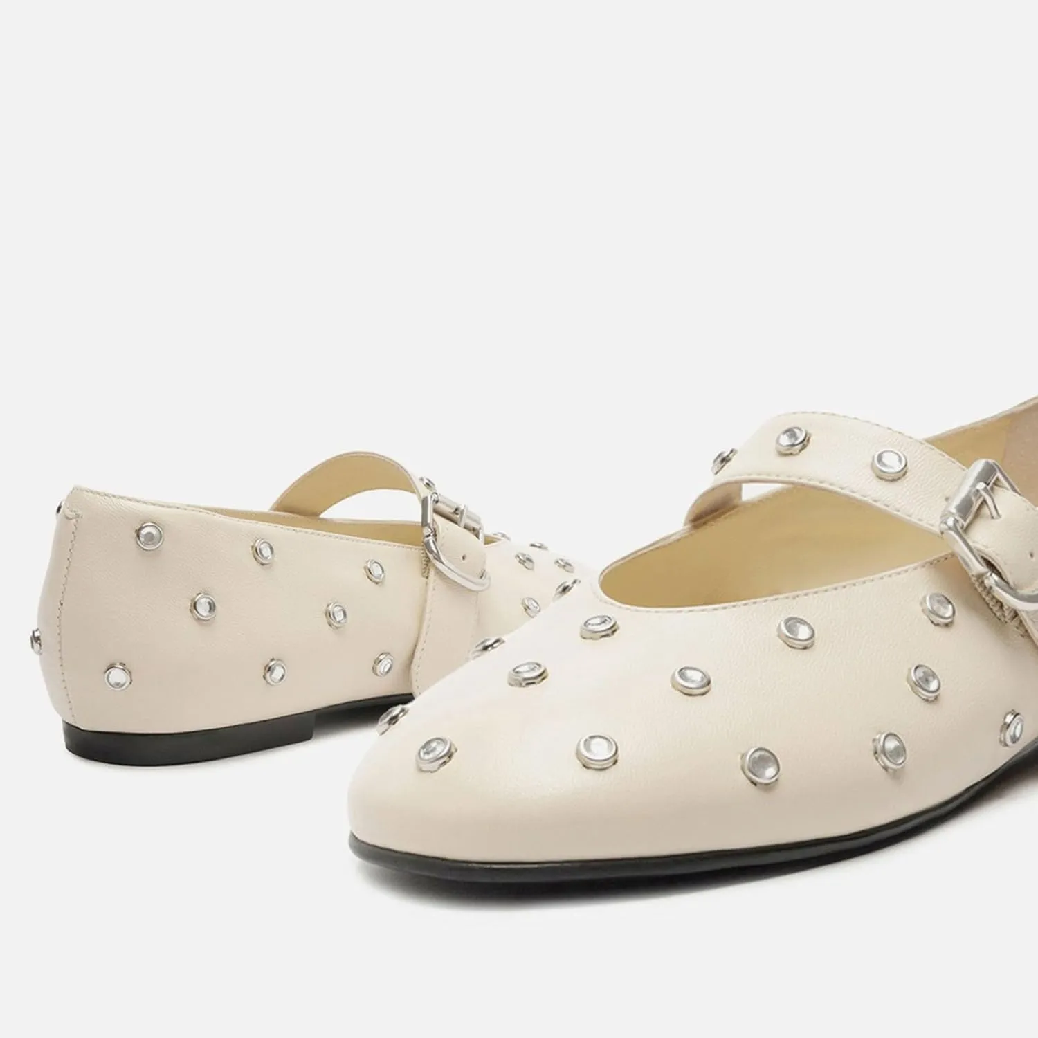 Studded Flats for Women Round Toe Rhinestone Ballet Shoes Mary Jane Style with Buckle Comfortable and Fashionable