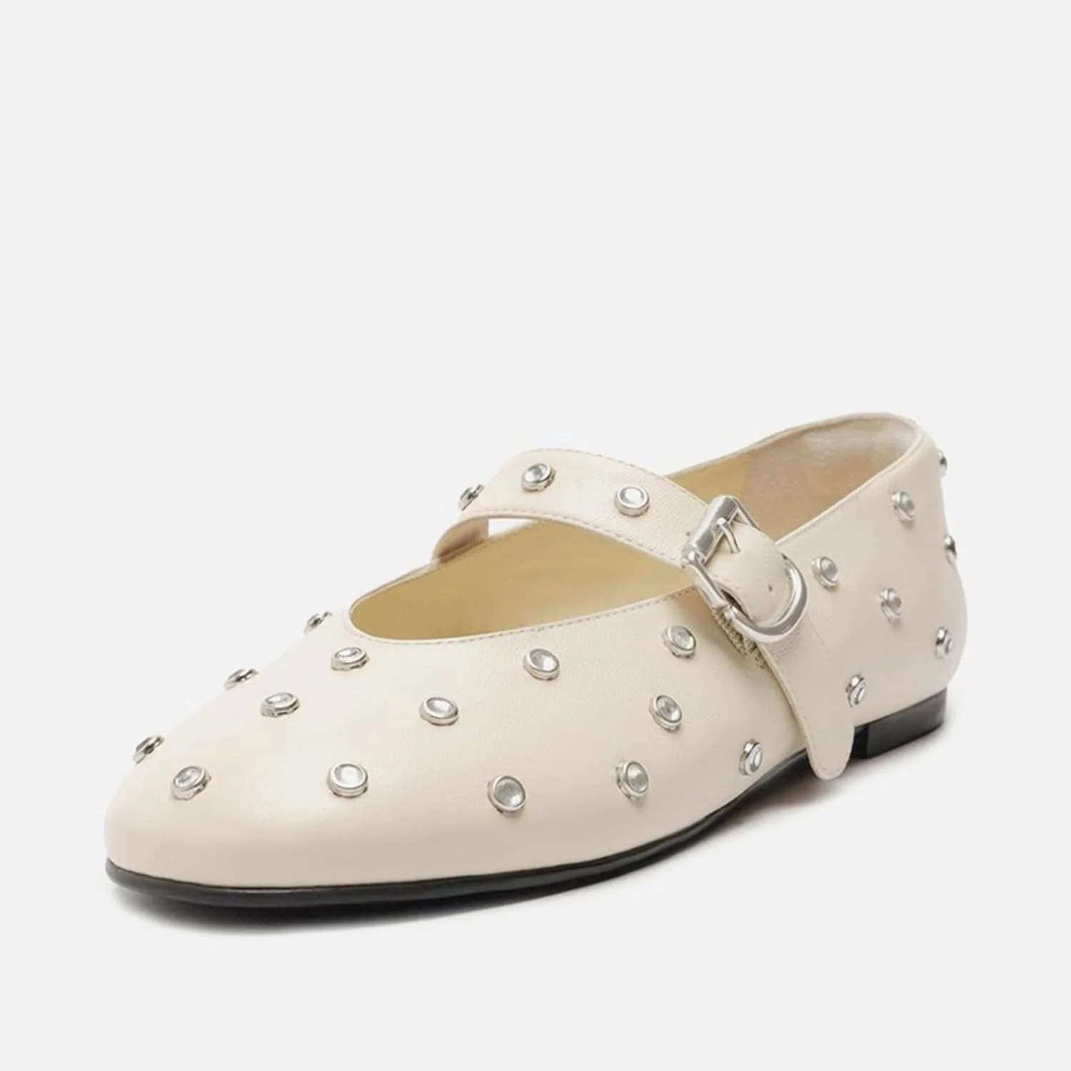 Studded Flats for Women Round Toe Rhinestone Ballet Shoes Mary Jane Style with Buckle Comfortable and Fashionable