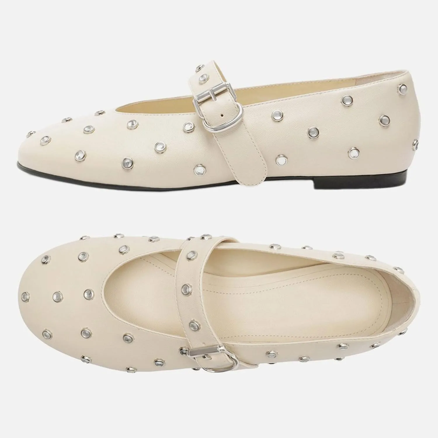 Studded Flats for Women Round Toe Rhinestone Ballet Shoes Mary Jane Style with Buckle Comfortable and Fashionable