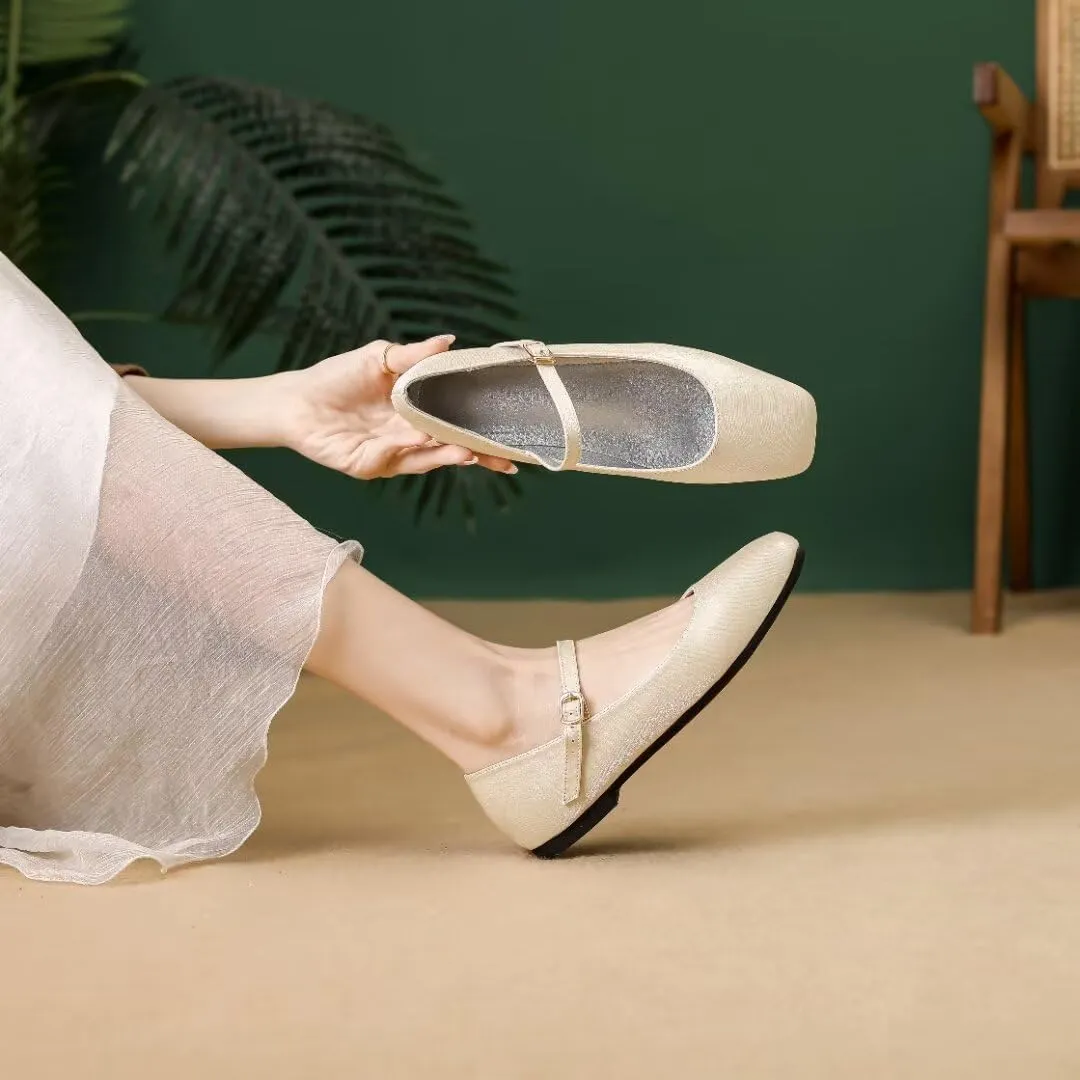 Stunner Women's Retro Square Toe Mary Jane Flats Comfortable One Line Strap Flats